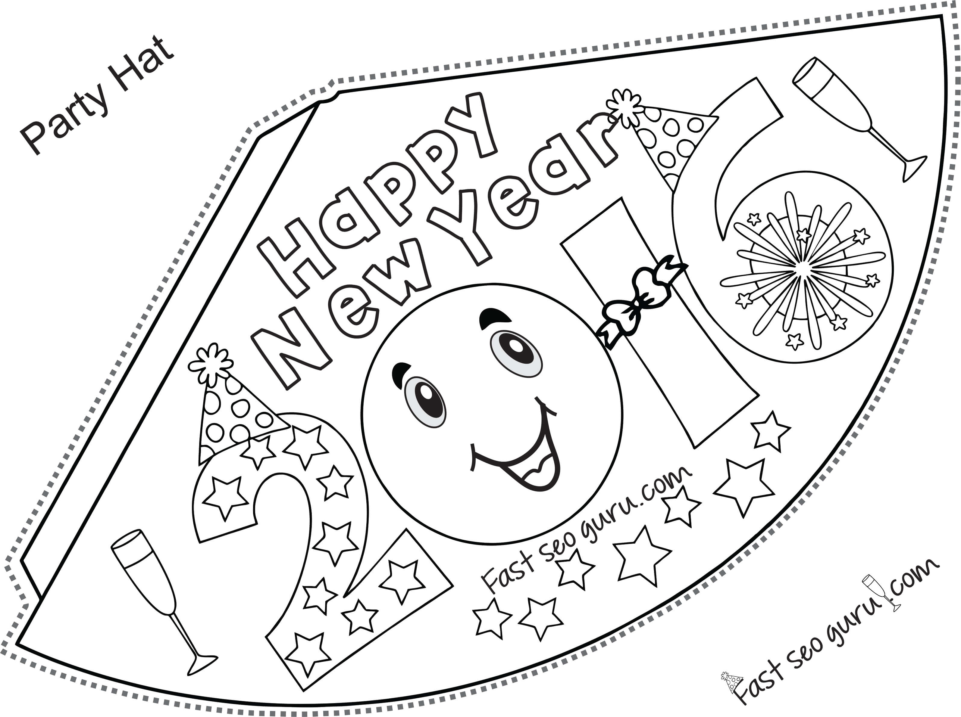 Printable happy new year party hats coloring for kids